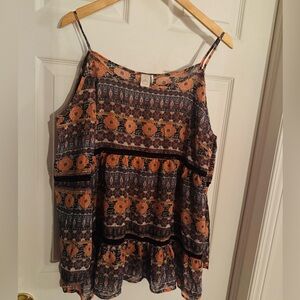 Boho Paper Crane Cold Shoulder sheer Blouse, size XL Summer Vibe